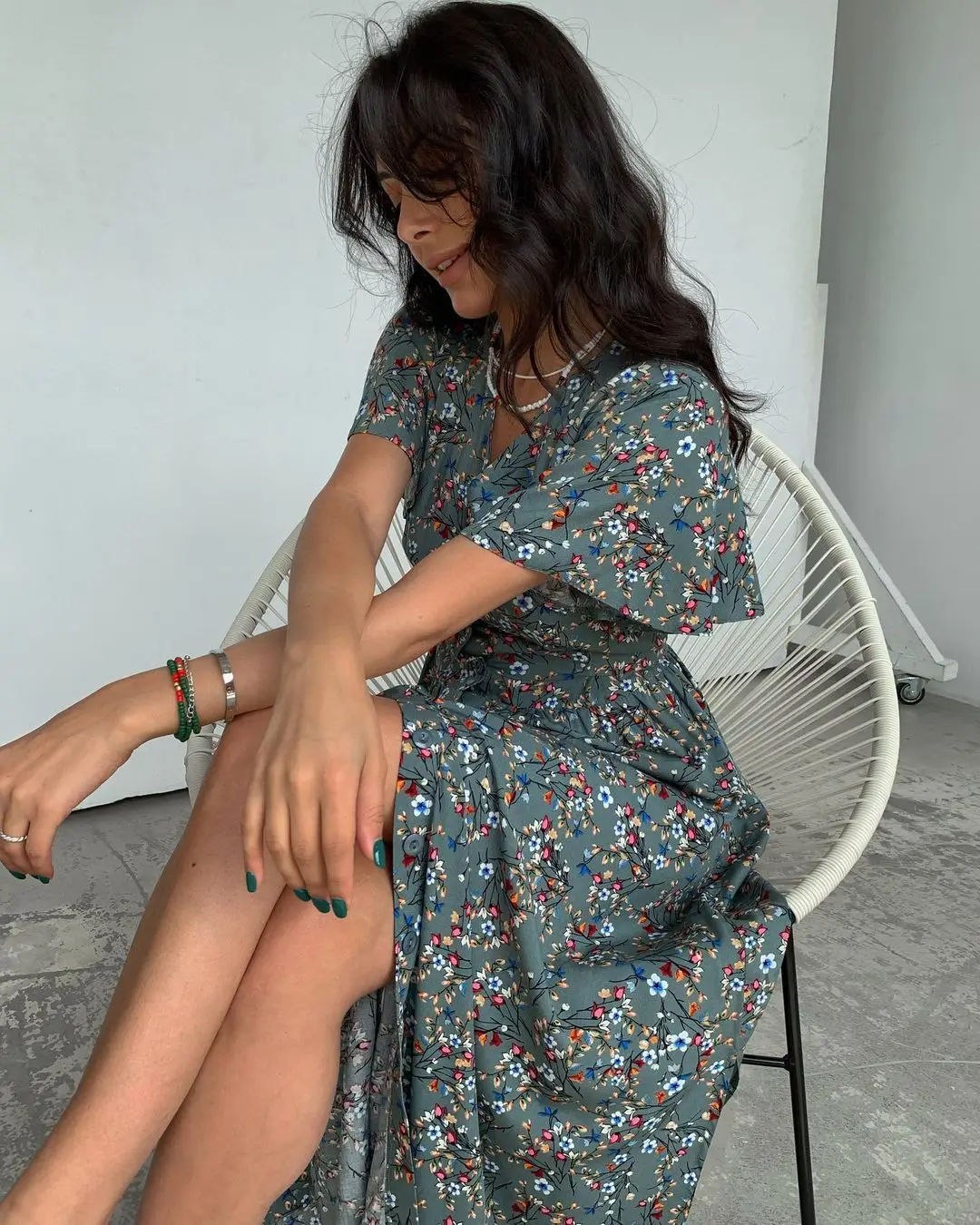 Flared Sleeve Vintage Style Floral Print Slit Women Dress Casual Design Women V Neck Dress