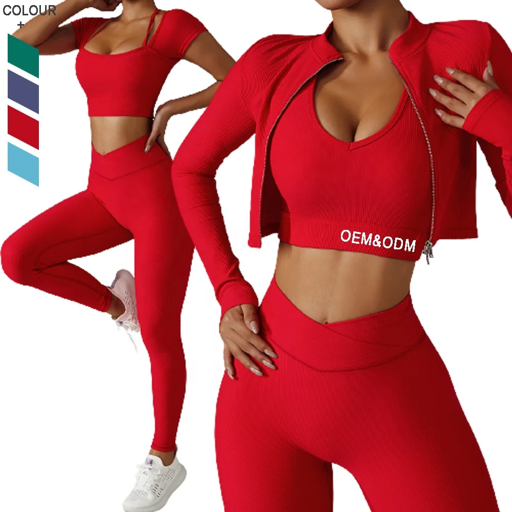 2024 Seamless Activewear Ribbed Yoga Suit Womens Workout Gym Fitness Sets with Zipper