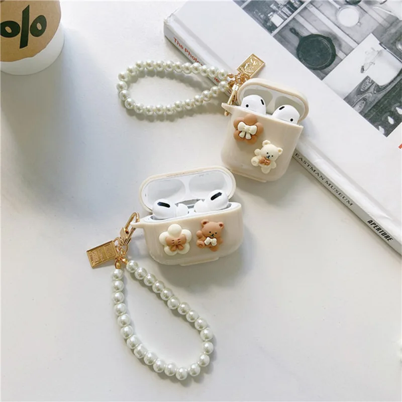 High Quality Cute 3D Bear Earphone Cases Pearl Bracket Keychain For AirPods Pro 3 2 1 Soft TPU Headset Cover For Apple