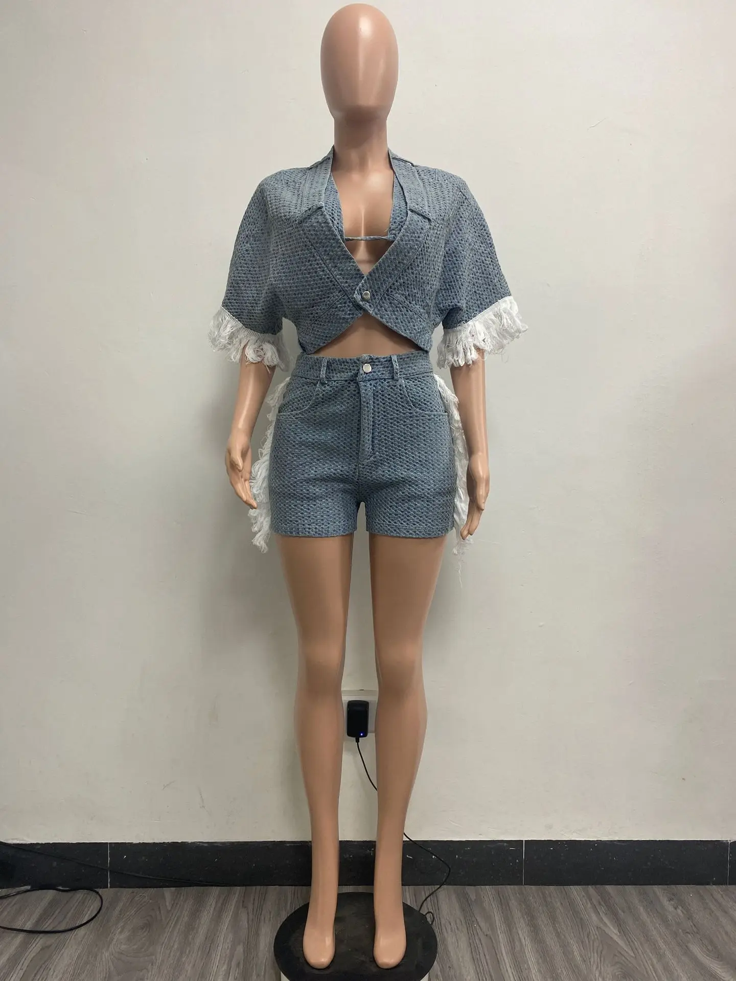 Fashion sexy tassel three pieces short set with denim crop top and denim short jeans and bra