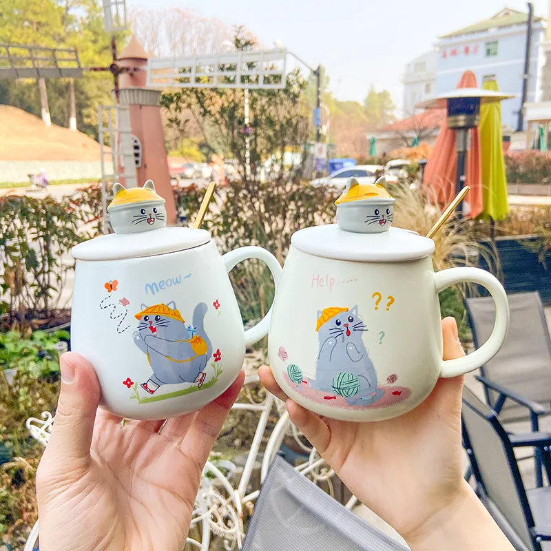 Cartoon creative cute cat ceramic cup with lid spoon office coffee mug male and female student couple cup