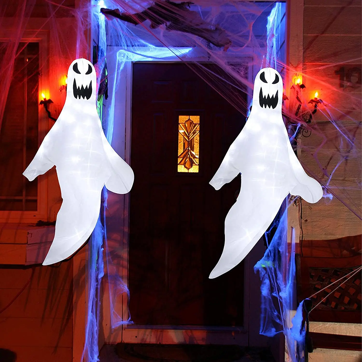 Customizable Halloween Ghost Windsock Light Hanging Halloween Flag Bendable Wire Framed with 80 White Cold Lights for Home Party