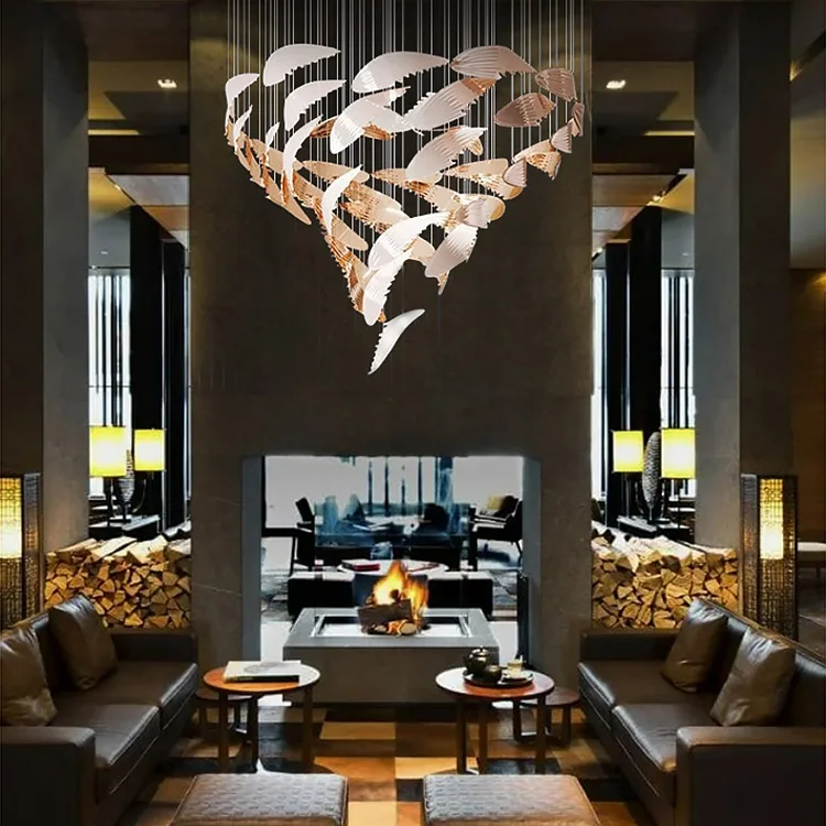 Custom popular style hotel art large feather chandelier for staircase long villa hanging light