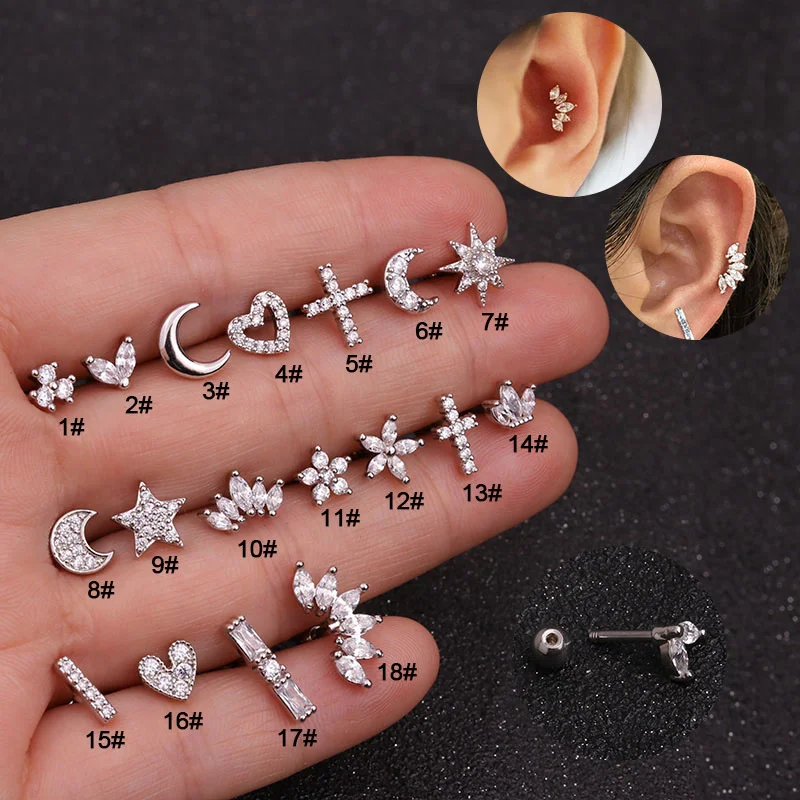 High Quality Trendy Women Jewelry Screw Back Cartilage Zircon Earring Stainless Steel Gold Stud Earring Ear Piercing