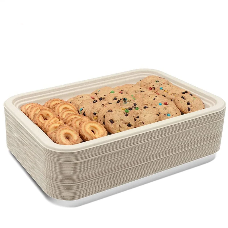 Biodegradable disposable bagasse food lunch tray heavy duty seashell prep meal sugarcane fiber tray for restaurant hotel picnic