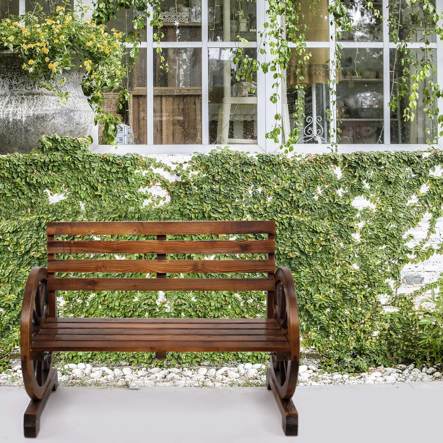 Rustic Wooden Wheel Outdoor Bench 2-Person Patio Garden Bench
