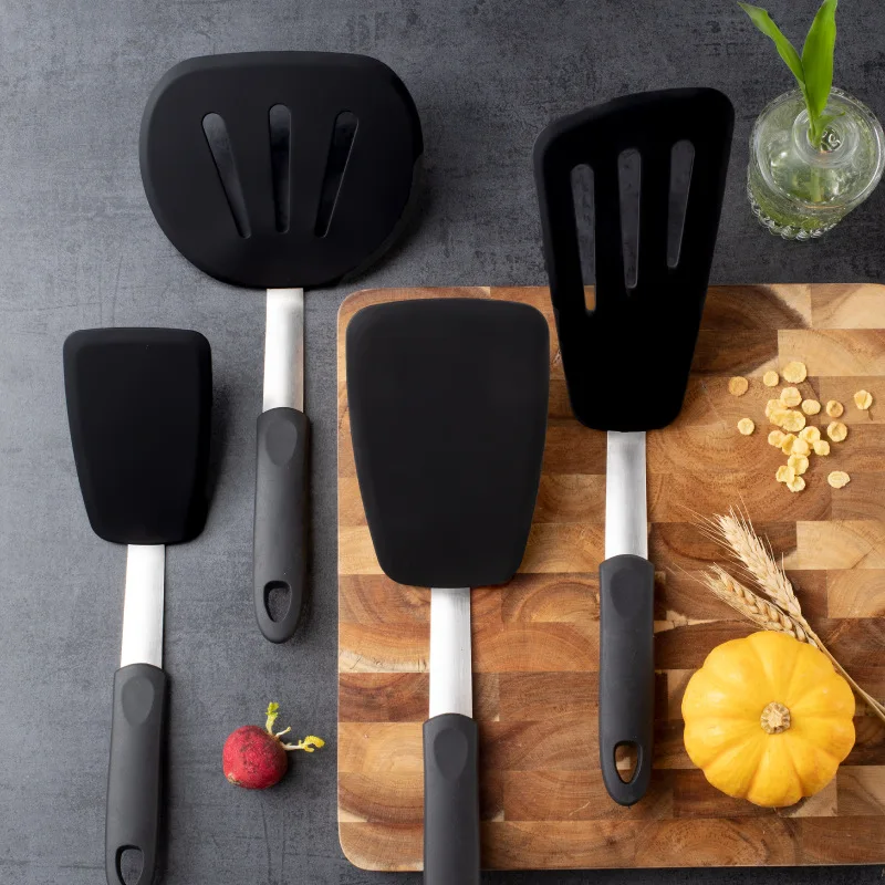 Silicone Multi-function Kitchenware Shovel Set With 430 Stainless Steel Rubber Handle Round Leaky Shovel Solid Shovel Set