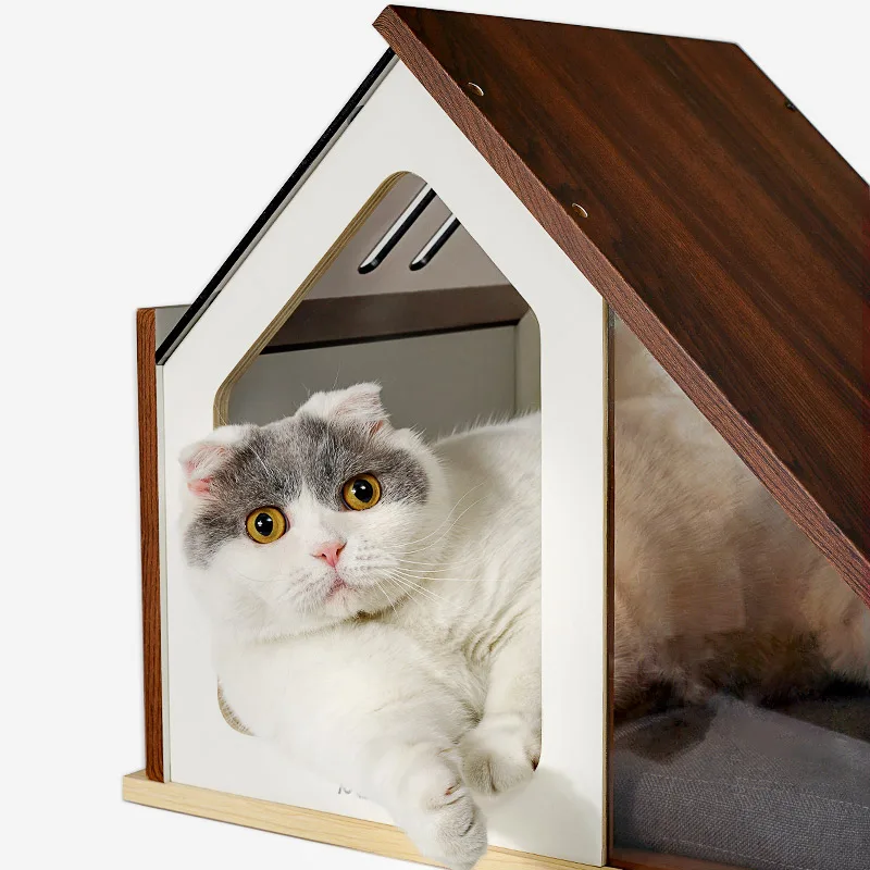 Wooden indoor cat pet house with window. Dog cat bed, modern furniture, kennel crate