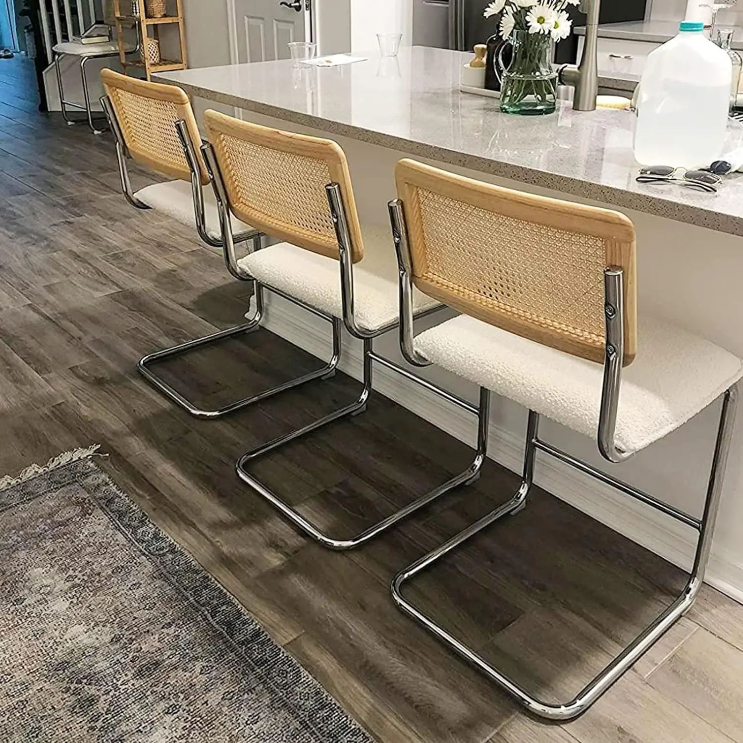 Factory Price Woven Cane Backrest Boucle Fabric Cushion Counter High Bar Stool Chair with Chrome Metal Legs