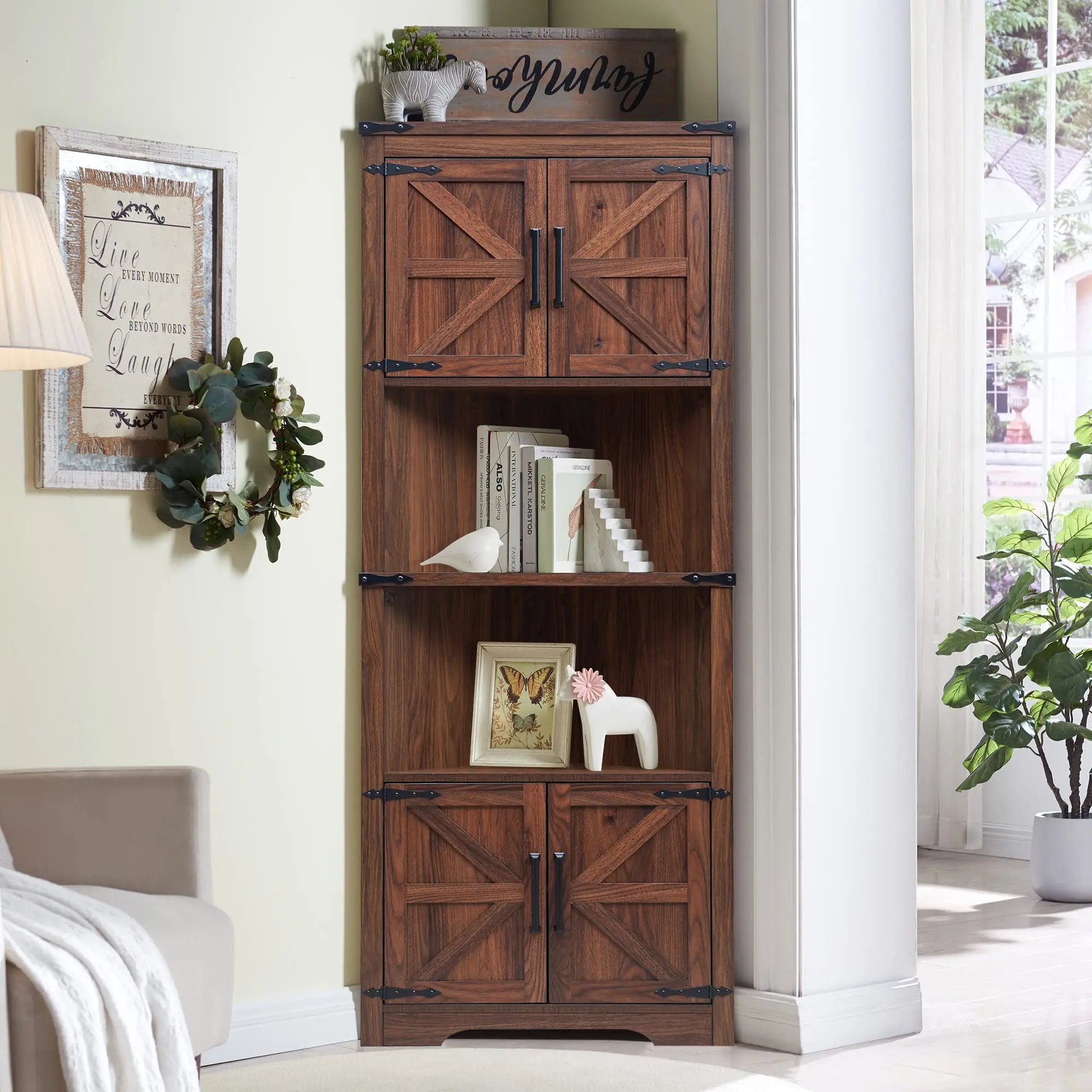 modern wooden Corner Cabinet Tall Corner Storage Cabinet with Barn Door Design Adjustable Shelves for Living Room