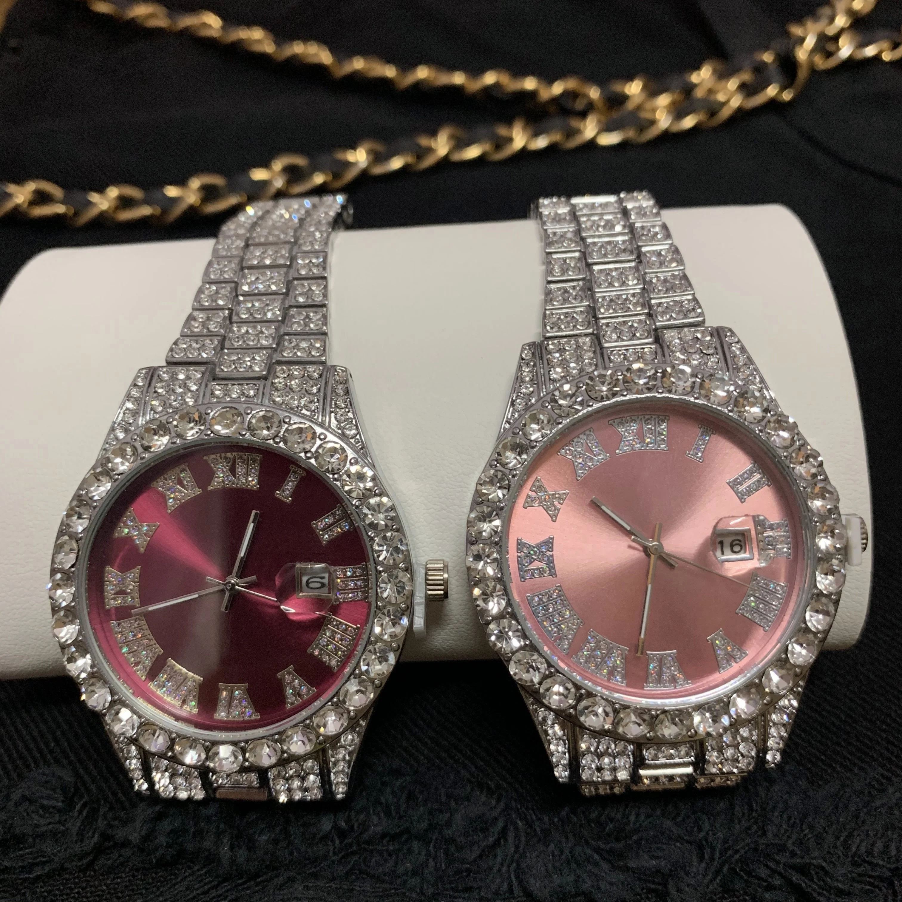 Hot Sale In Jewelry Boutiques Bling Iced Out Quartz Watches For Icy Girls Bracelet Pink Face Diamond Watches Women Wrist Luxury