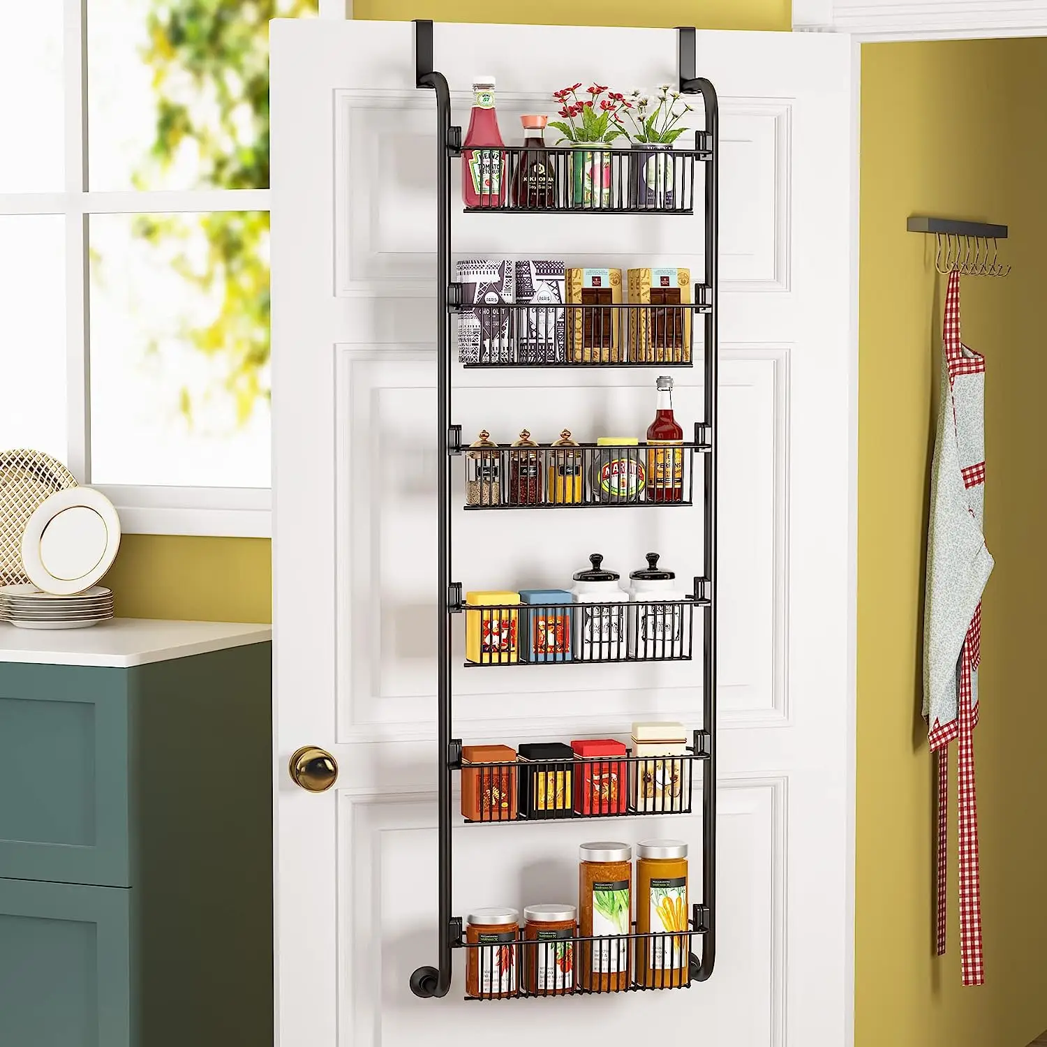6-Tier Heavy-Duty Metal Hanging Storage Spice Rack 6 Baskets Over the Door Pantry Organizer for Kitchen