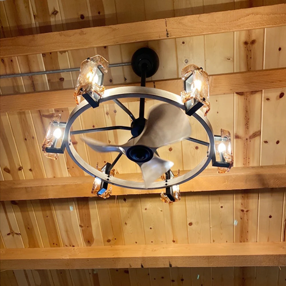 Modern Simple Luxury Vintage Retro Rustic 110 220 Volt Cage Caged Chandelier Light Ceiling Fan With Remote