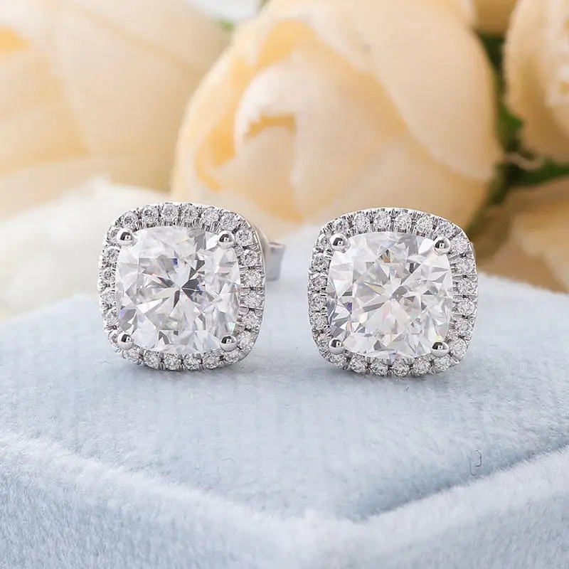 Fine Jewelry GRA Certified 10k/14k/18k Real Gold Def Color 1.5ct Cushion Cut Moissanite Screw Back Halo Stud Earrings For Women