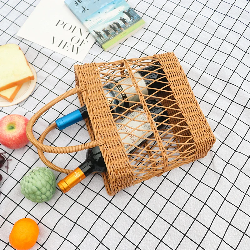 Eco-friendly popular shopping bag plastic grocery bakset lundry basket rattan picnic basket tote bag with handle