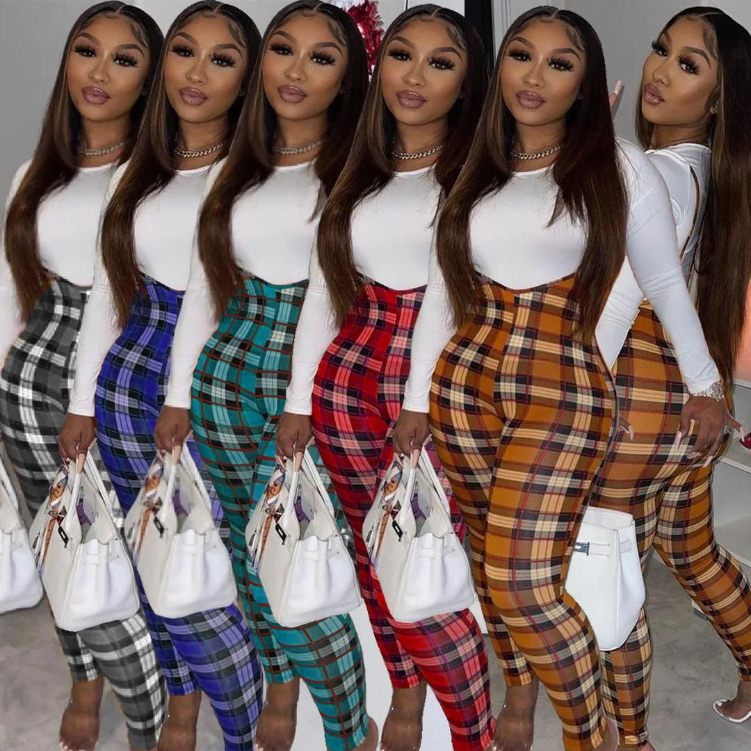 
Plaid Two Piece Pants Set Women Clothing High Waist Slim Tight Pencil Pants Jumpsuit Wholesale Custom 2 Piece Set Women 