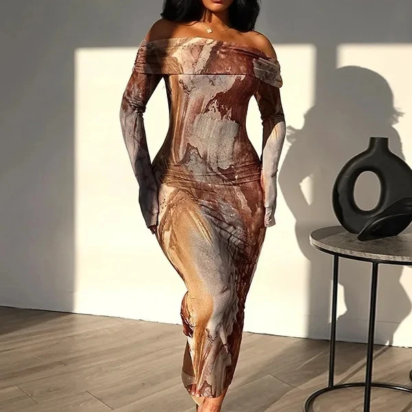 Bomblook ASDS178 One Line Print Long Dresses Women Long Sleeve Dress Bodycon Dress Women