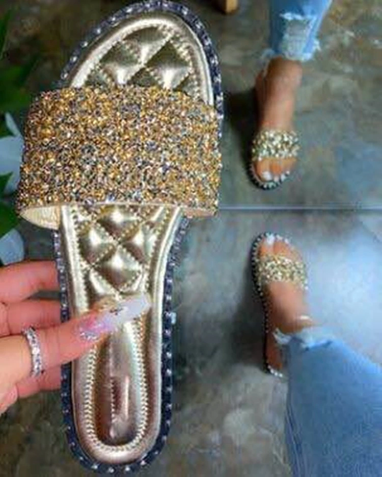 
Summer new style European and American large size ladies rhinestone sequin fashion flat-bottom slippers 