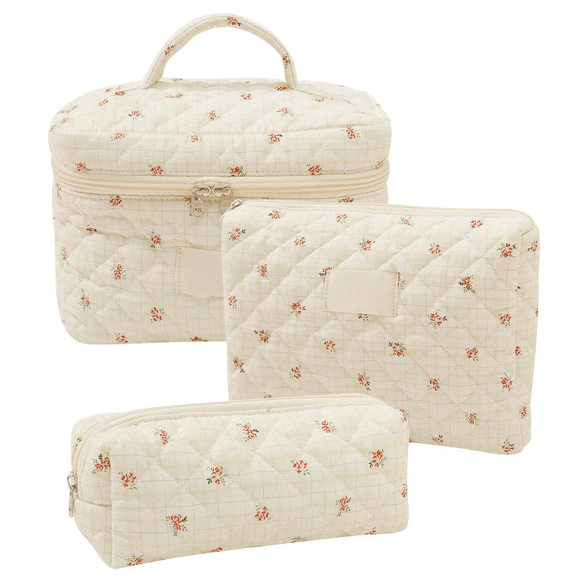 Custom Quilted Makeup Bag 3 Set Flower Pattern Zipper Toiletry Cosmetic Bag Soft Large Case Storage Organizer Cute Floral Pouch
