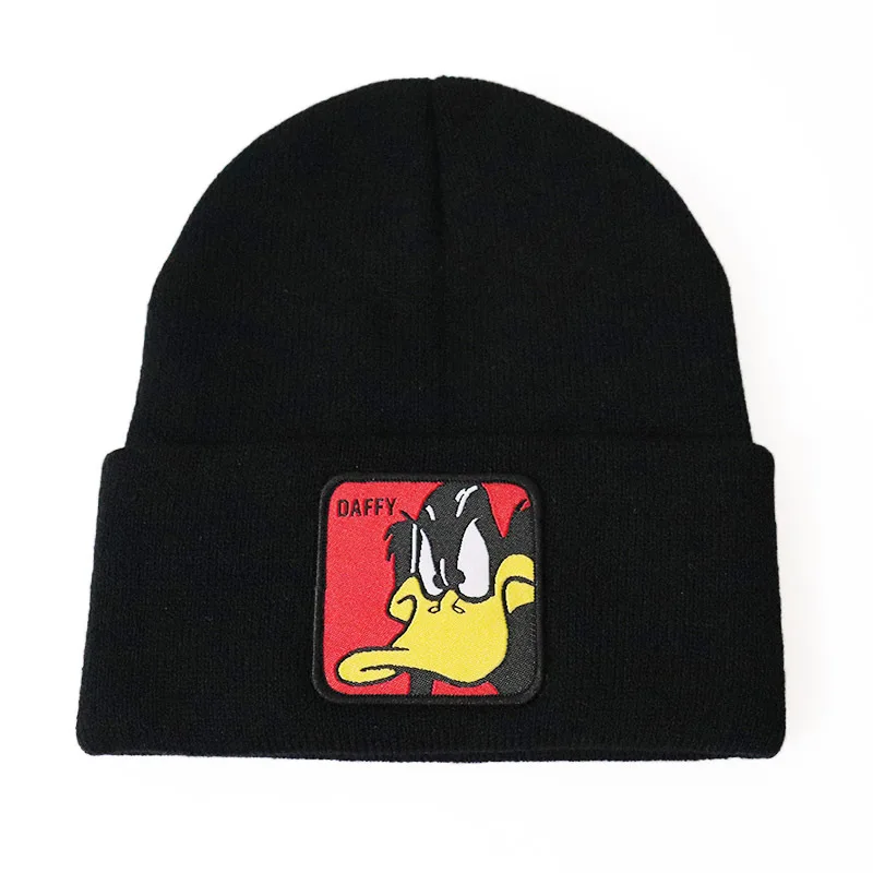 Fashion Animal Anime Beanie Embroidery Patch Cartoon Daffy Duck Warm Knitted Hat Winter Acrylic Skull Beanie Hats Custom Logo