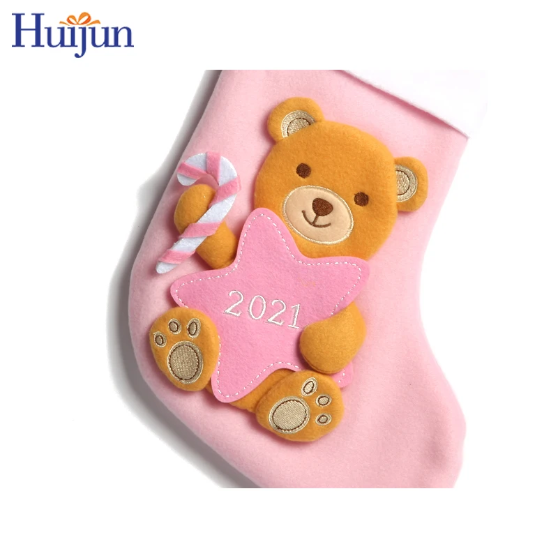 2021 Lovely 16 inch Soft Fleece Baby Christmas 3D Bear With Star Stocking Wholesale Gift Bag Baby First Xmas Tree Decorations