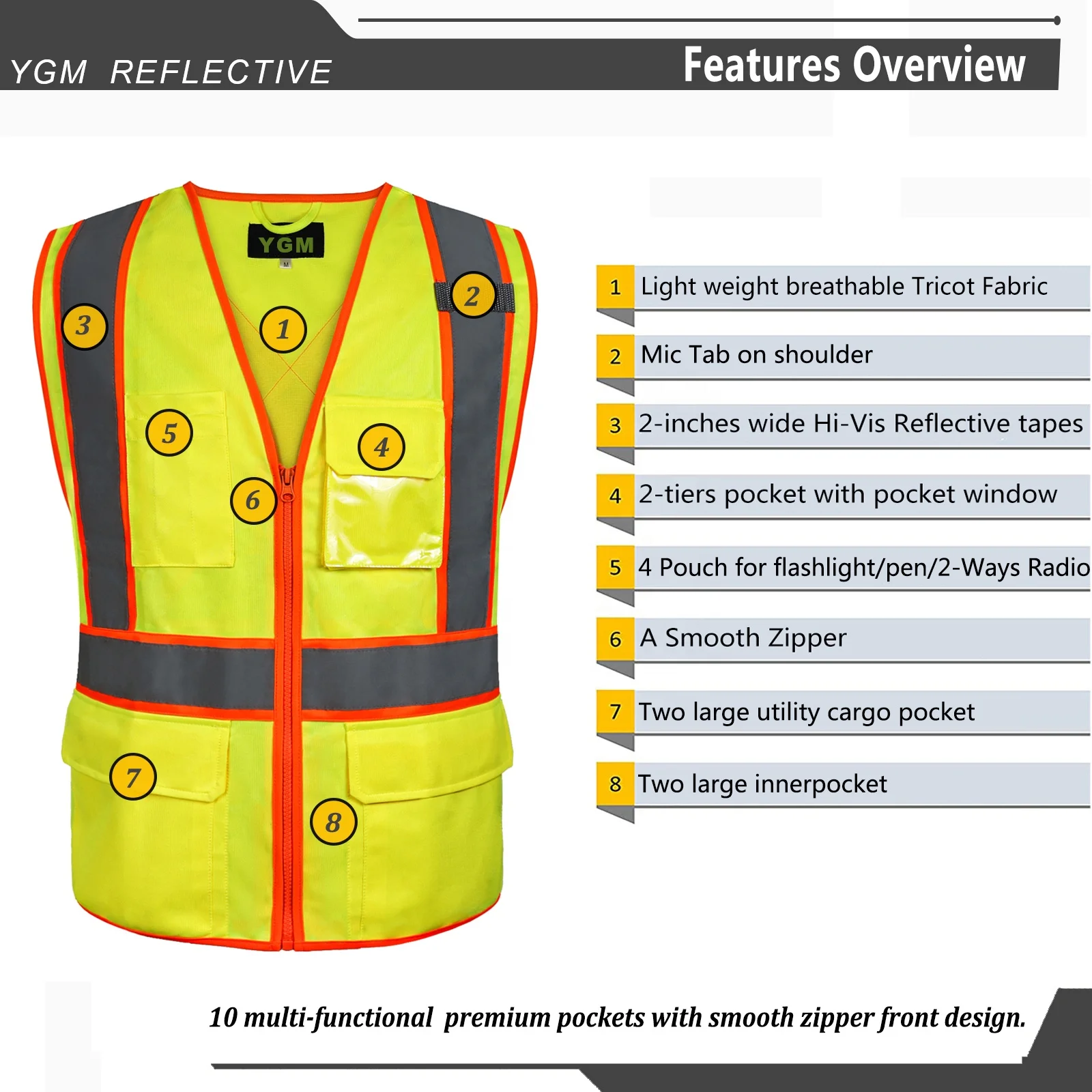 Wholesale High Visibility 100% Polyester Reflective Safety Vest Yellow Multiple Pocket Practical Construction Vest for Road