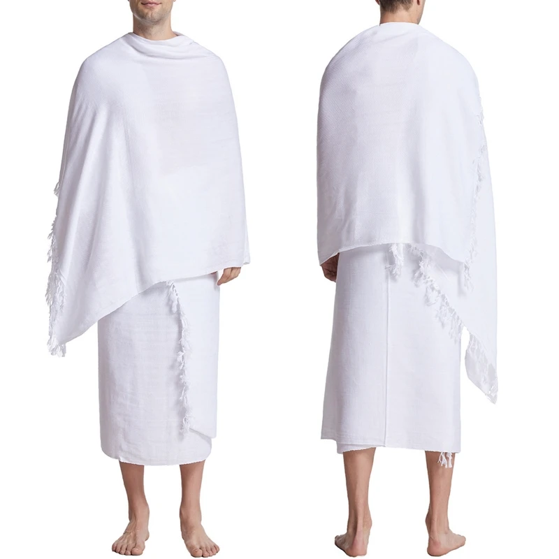 Hot sale 2 piece set white polyester ihram hajj and umrah towel cotton islamic wear muslim hajj towel