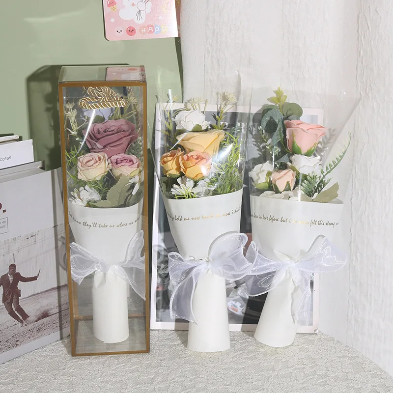 Flowers Gift Handbag Wedding Gift Box with Transparent Window Wedding Anniversary Finished Silk Flower Bouquet