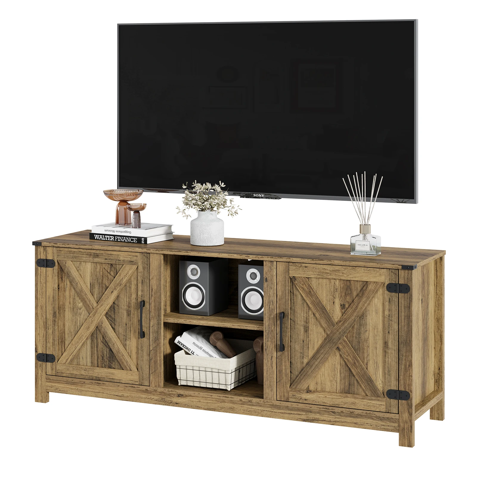Wooden Media Console Cabinets Farmhouse TV Stand with Barn Door for Living Room Bedroom