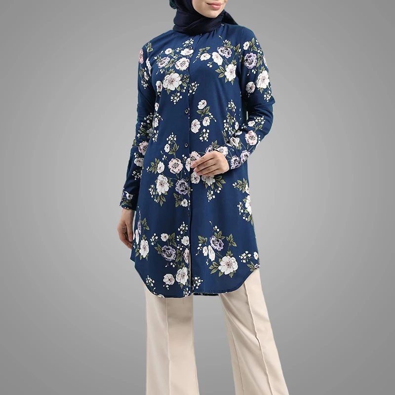 Elegant Printed Long Sleeve Muslim Women Blouse Hotsale Plus Size Front Button Islamic Clothing Middle East Arab Clothes Online