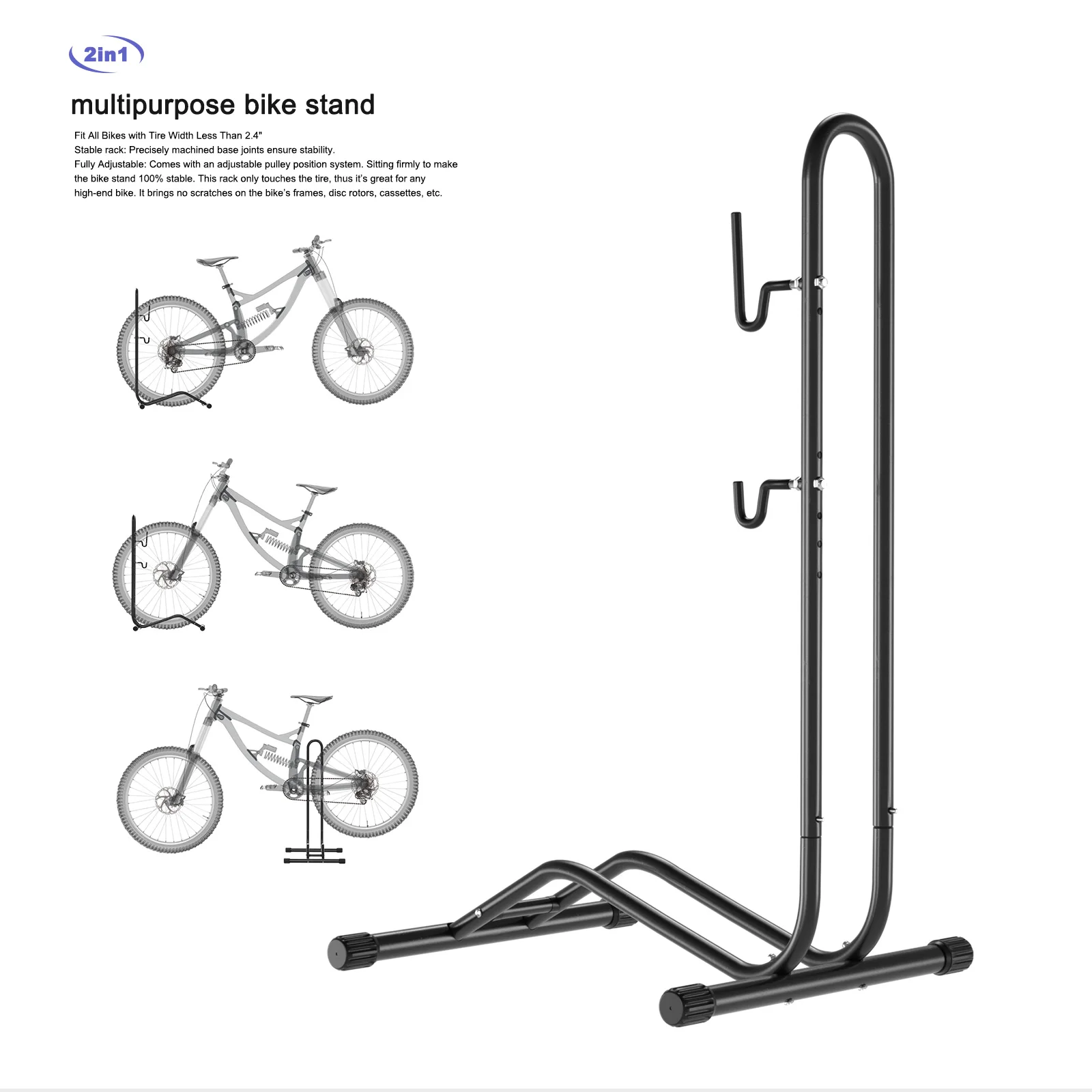 3 in 1 Bicycle Floor Type Parking Rack Bike Display Stand Bicycle for Mountain MTB & Road Bikes Indoor Outdoor Garage Stor