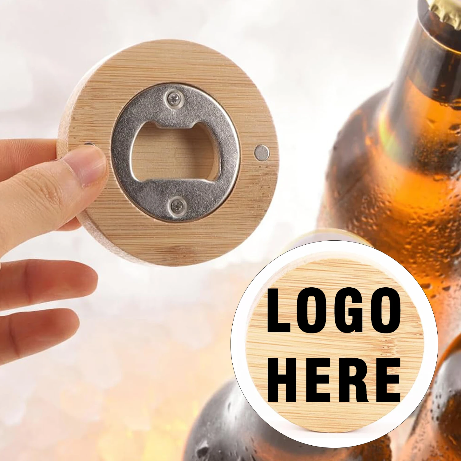 Customizable logo wooden bottle openers round refrigerator fridge magnetic beer bottle opener with magnet