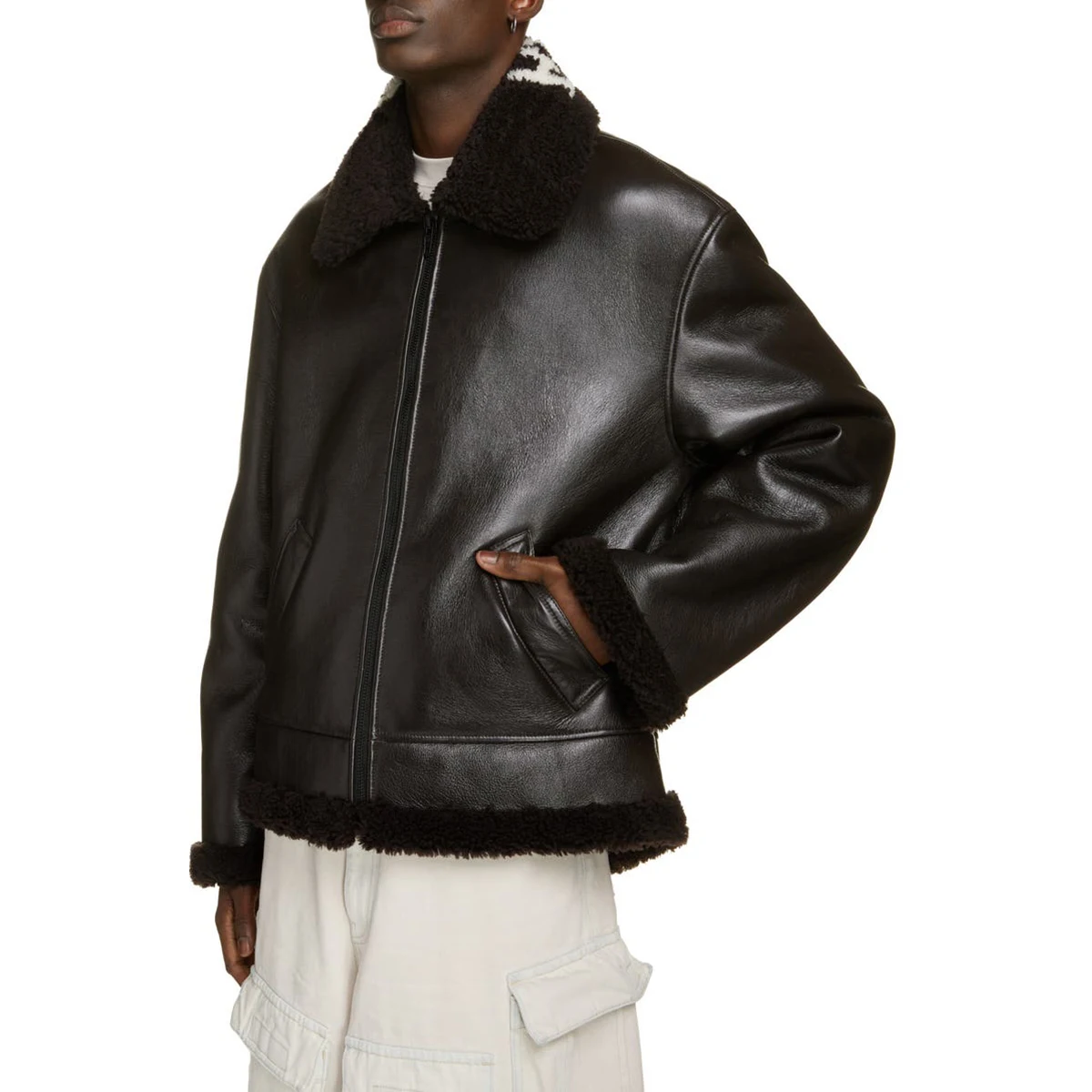 Winter Faux Leather Coat Furry Notch Lapel Sherpa Shearling Warm Brown Man Leather Jacket with Fur Collar Leather Jacket