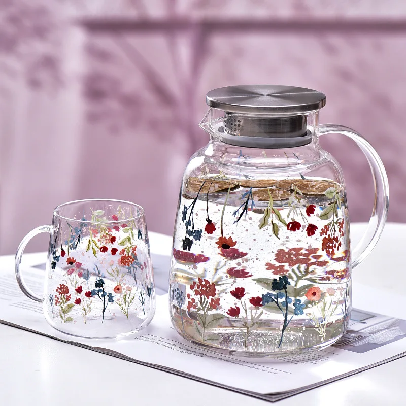 High-grade cold water kettle set printing kettle with lid heat-resistant glass water bottle tea and water set