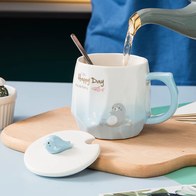 Feiyou wholesale Nordic style Cartoon 3D three-dimensional relief sea lion ceramic cup Creative mugs Cup with lid spoon