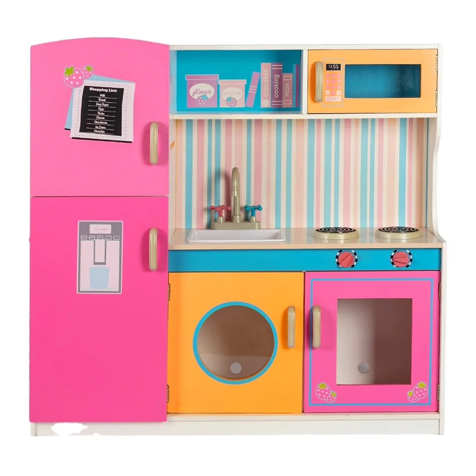 Custom Design Toddler Kids Pretend Play Set Learning Large Wooden Kitchen Toys With Cabinet