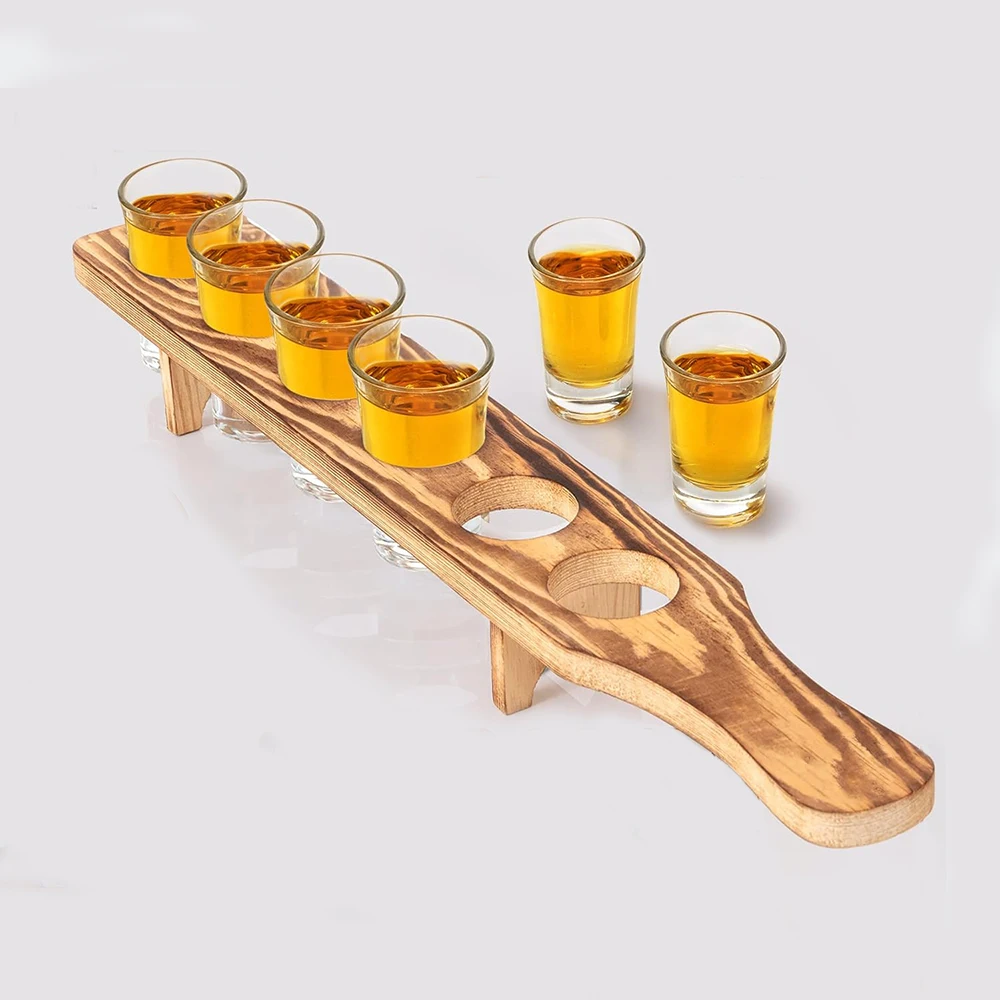 Shot Glass Set of 6 Tequila Shot Glasses of Wooden Holder Tray