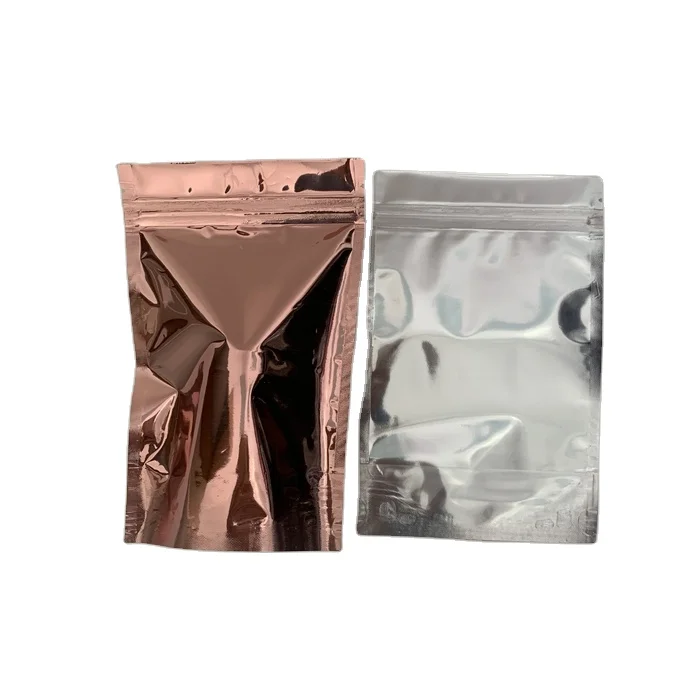 
Custom rose gold color food grade 3 sides sealed small plastic aluminium foil mylar pouch ziplock aluminum bag 