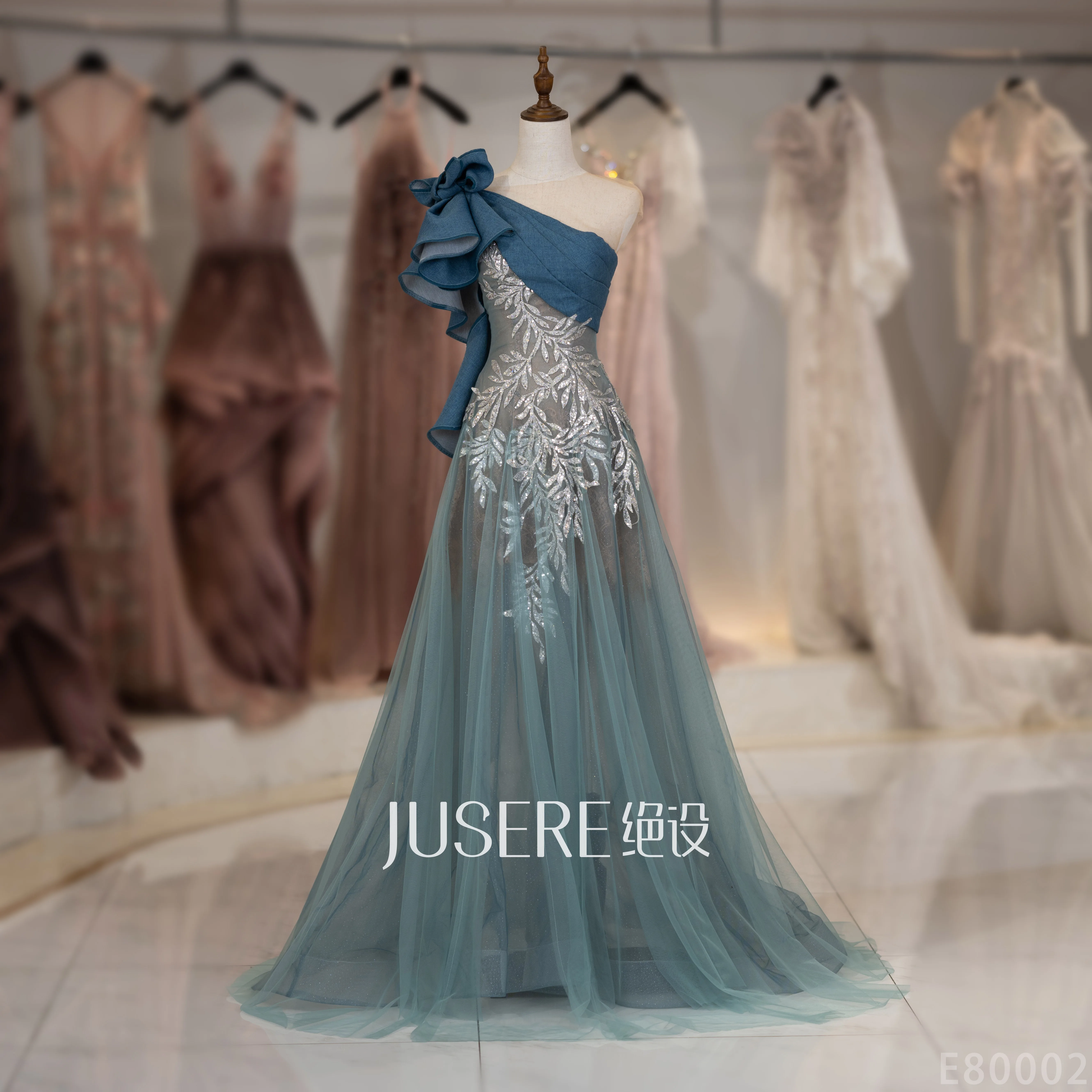 Новая коллекция голубого озера дизайн на одно плечо с бантом вечернее платье модное