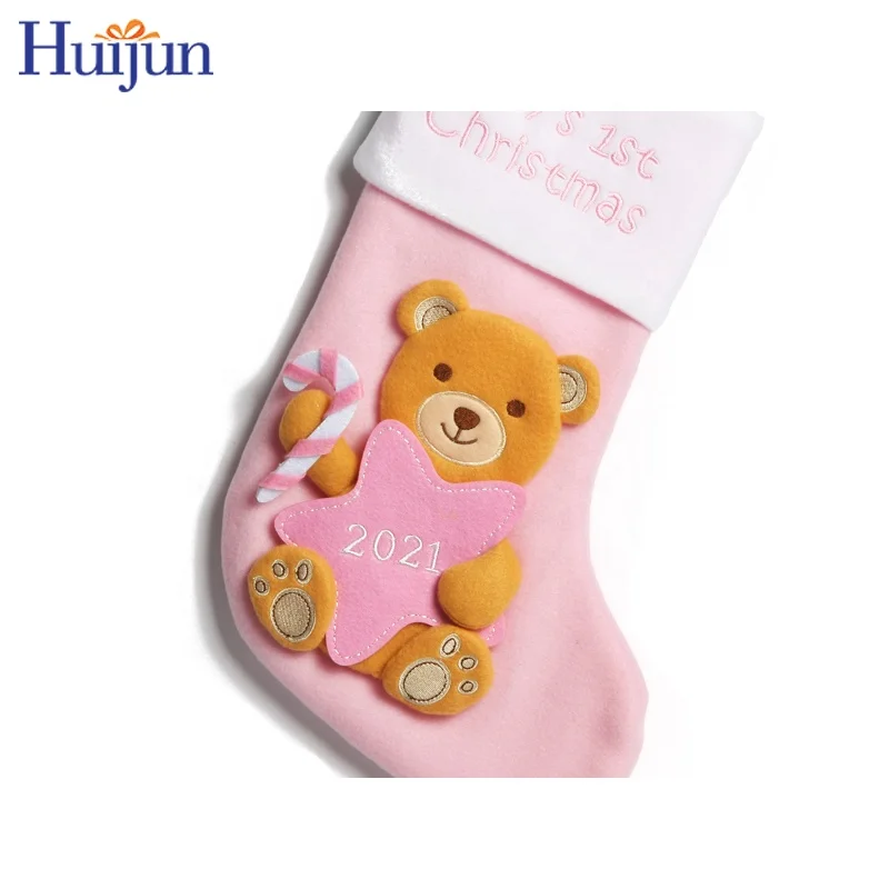 2021 Lovely 16 inch Soft Fleece Baby Christmas 3D Bear With Star Stocking Wholesale Gift Bag Baby First Xmas Tree Decorations