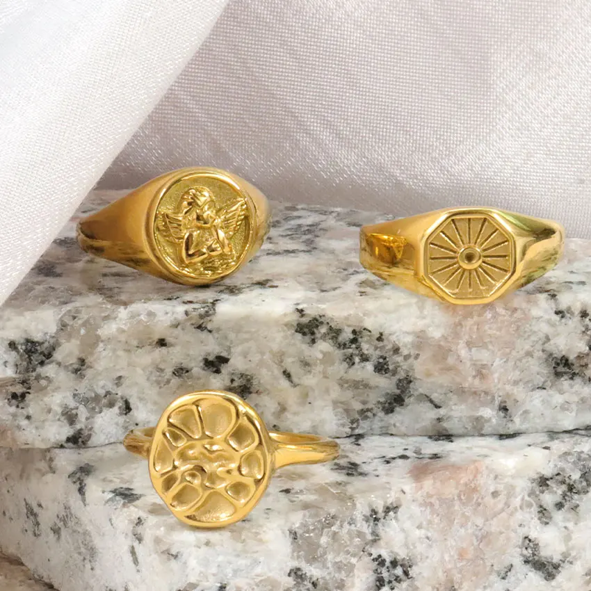 New Design Personalize Twisty Sun Round Ring Fashion Jewelry Stainless Steel 18k PVD Gold Plated Irregular Sun Hammered Ring