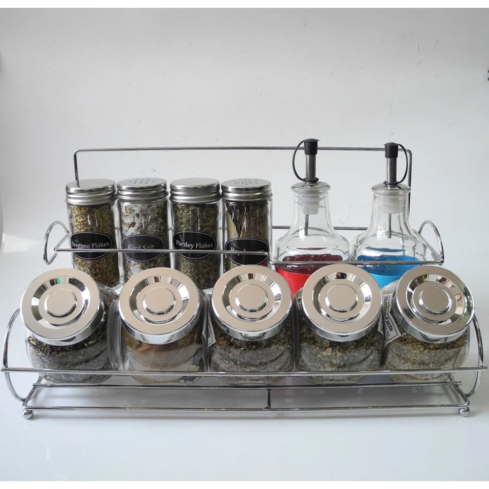 
Stainless Steel Condiment Set With 2 Oil / Vinegar Bottle Cruets, 3 Shaker Spice Jars, 5 Glass Canister Jars & Chrome Rack 