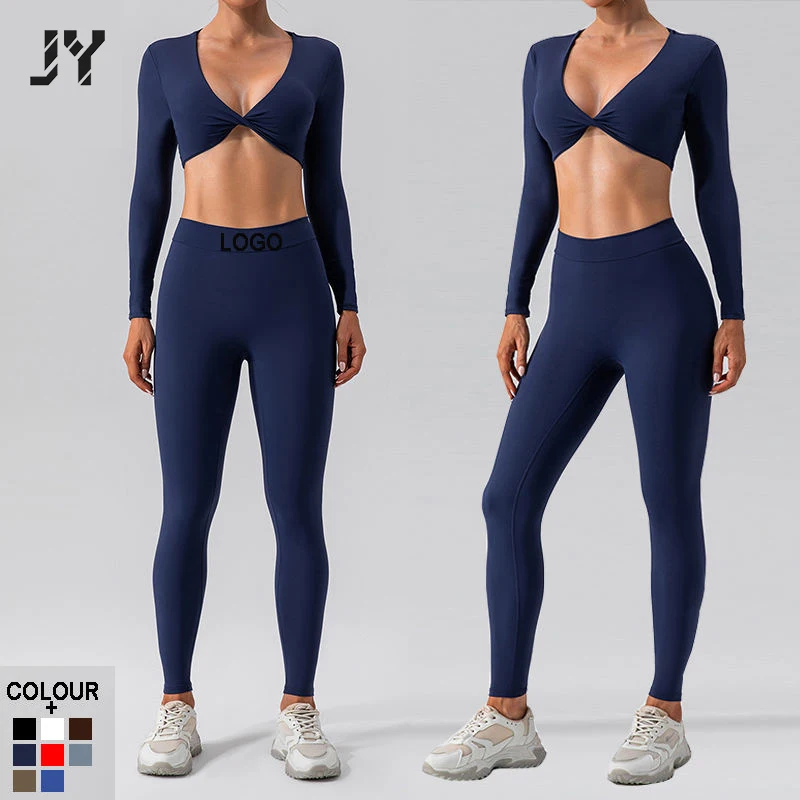 Joyyoung Wholesale 2 Piece High Waist V Back Leggings with Sexy Tops Sportswear Workout Clothing Gym Fitness Sets for Woman