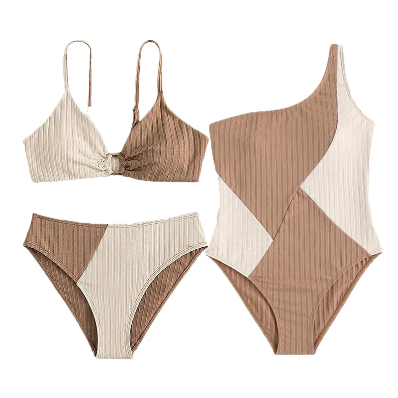 2023 New Stylish Two-color Splicing Swimsuits for  Baby Girls Kids Cute Mini Bikini Solid Swimming  Sets