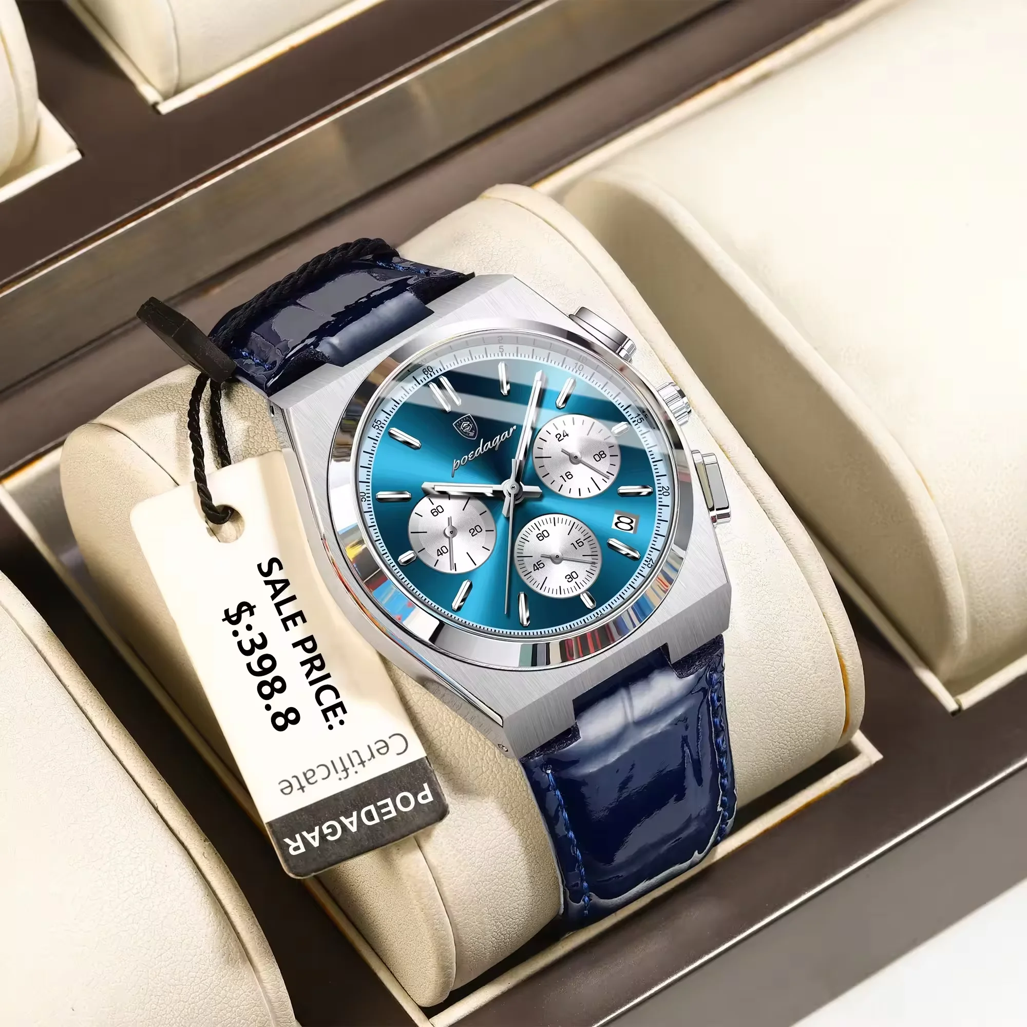 POEDAGAR 970 Mens Fashion Luxury Leisure Chronograph 3 ATM Water Proof Quartz Watch with Leather Band