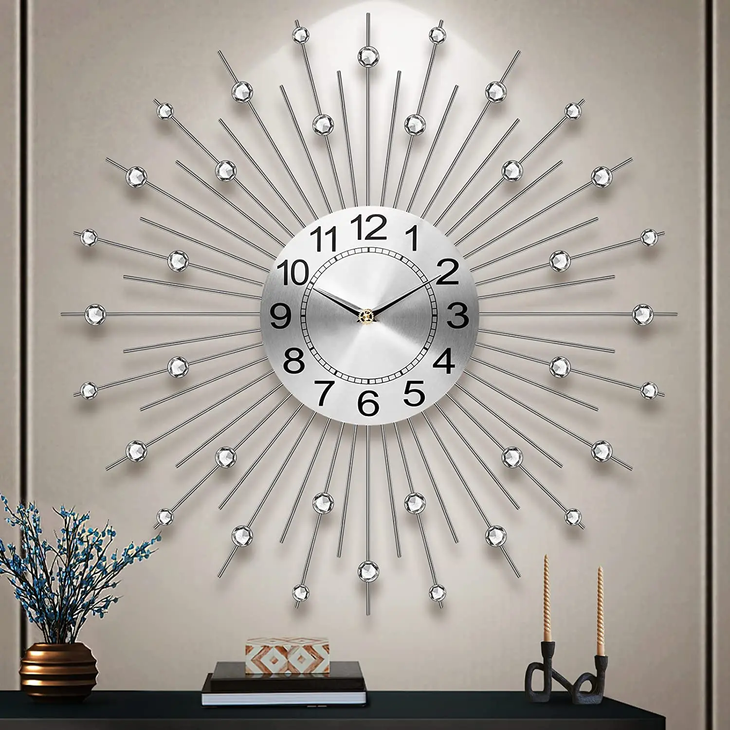 Large Decorative for Home Living Room Luxury Diamond Clock Creative Iron Art Metal Crystal Wall Clock