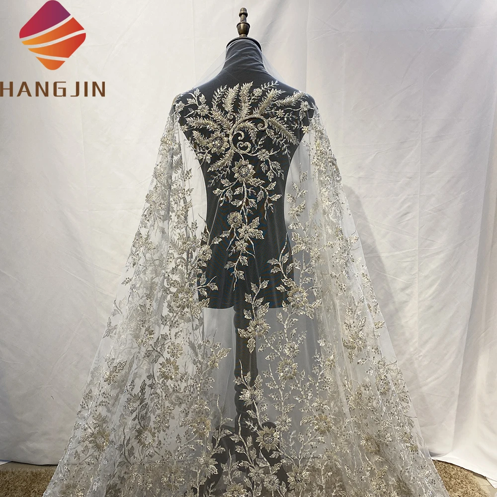 Luxury Champagne French Bridal Lace Fabric Pearls Embroidery Beaded Tulle Lace For Party Wedding Dress