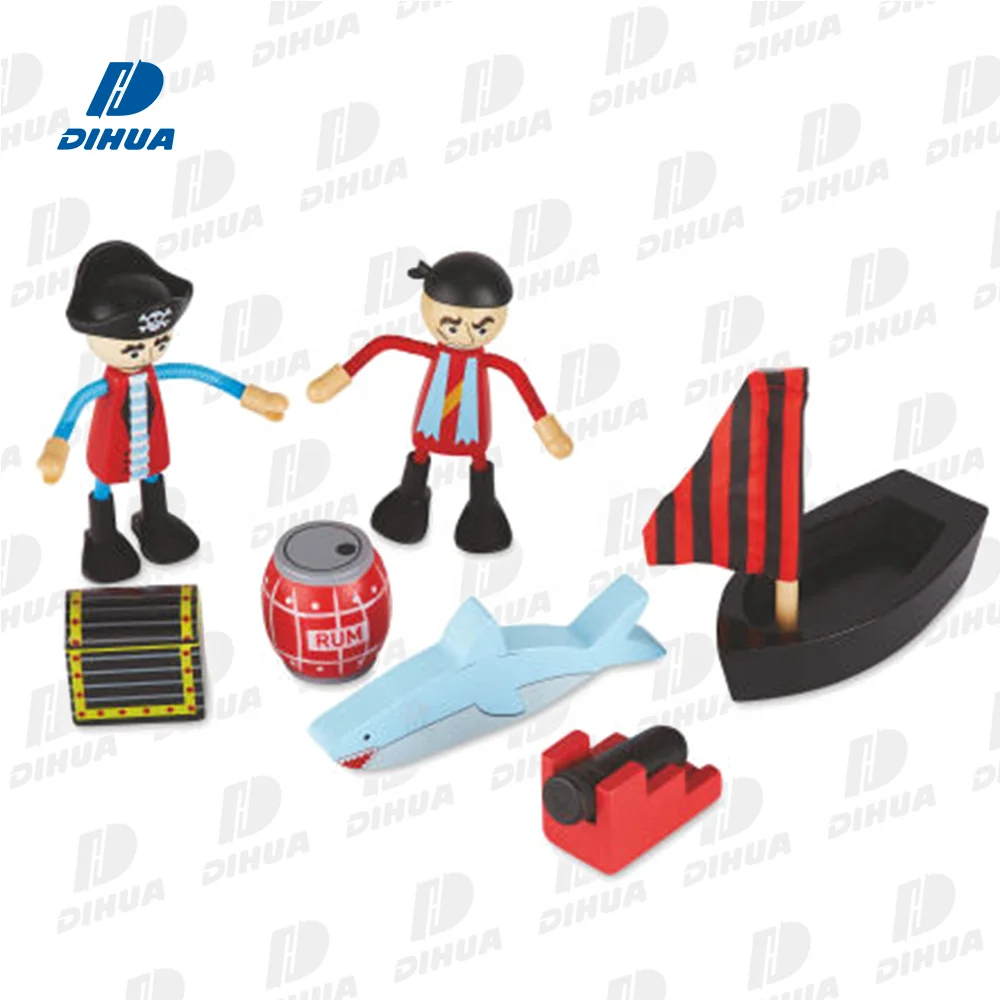 Pirate Play Theme Wooden Toy Boat Customizable Pirate Boat Toy with Figures Simulate Finding Treasures Pretend Role Play Toys