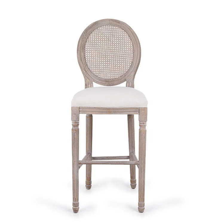Modern Design Furniture Rubber Wood Cotton Linen Rattan Back High Wooden Leg Bar Stool bar stool high chair