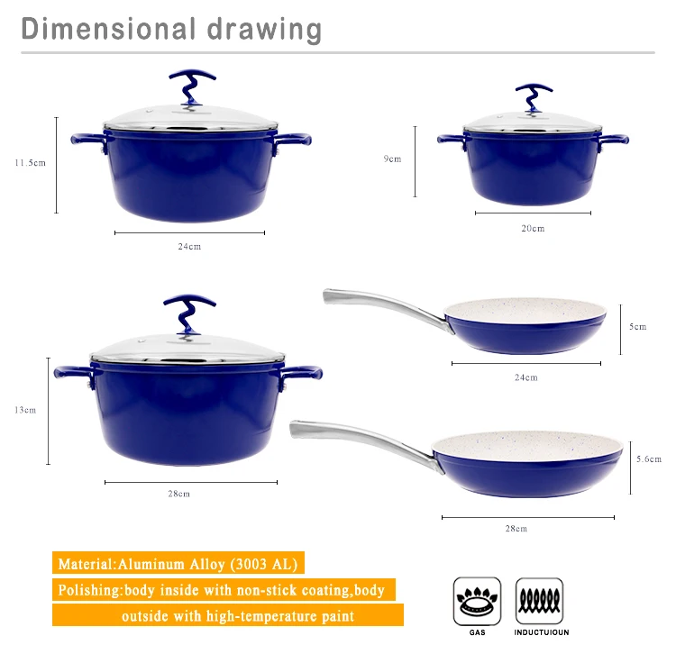 8pcs Blue White ceramic aluminum marmite aluminium nonstick kitchen pots and pans non-stick cooking pots cookware set with glass